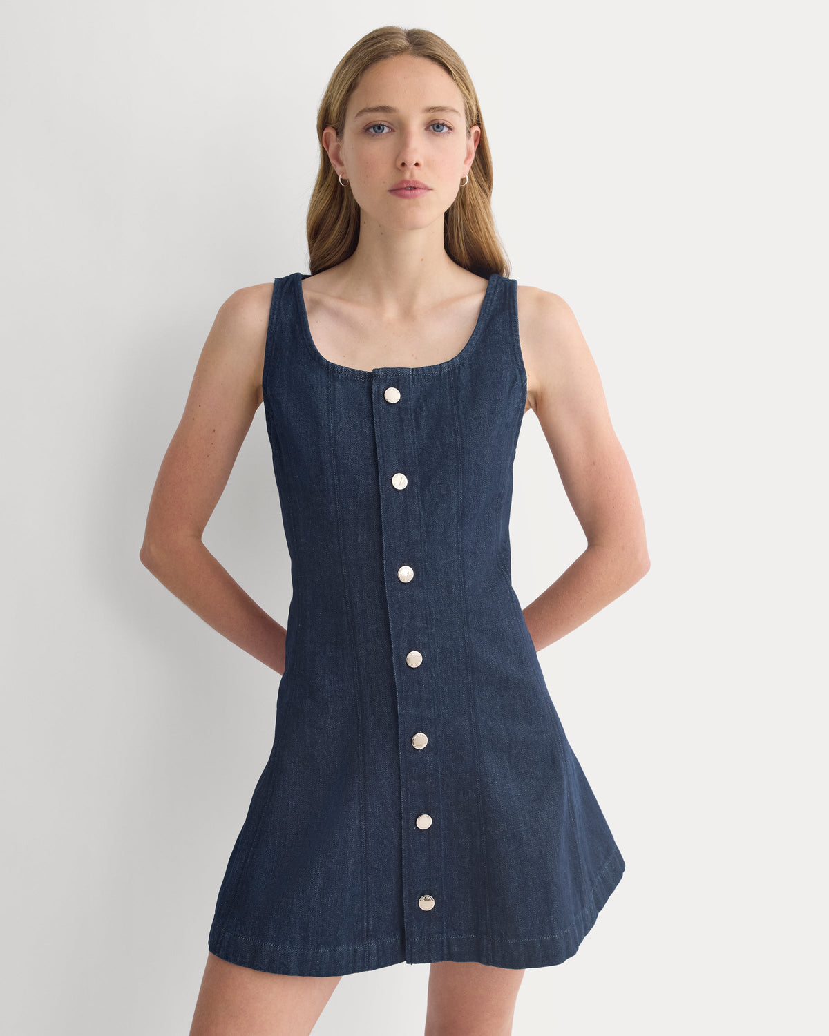 Denim Button-Front Mini Dress in Dark Indigo — detail view