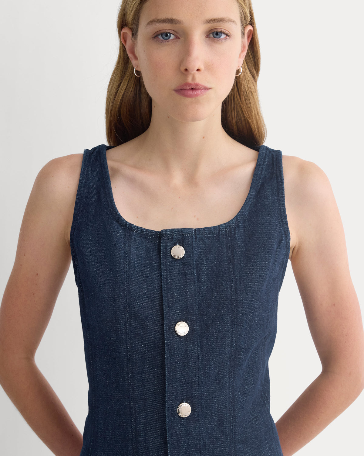 Denim Button-Front Mini Dress in Tungsten Rinse — detail view