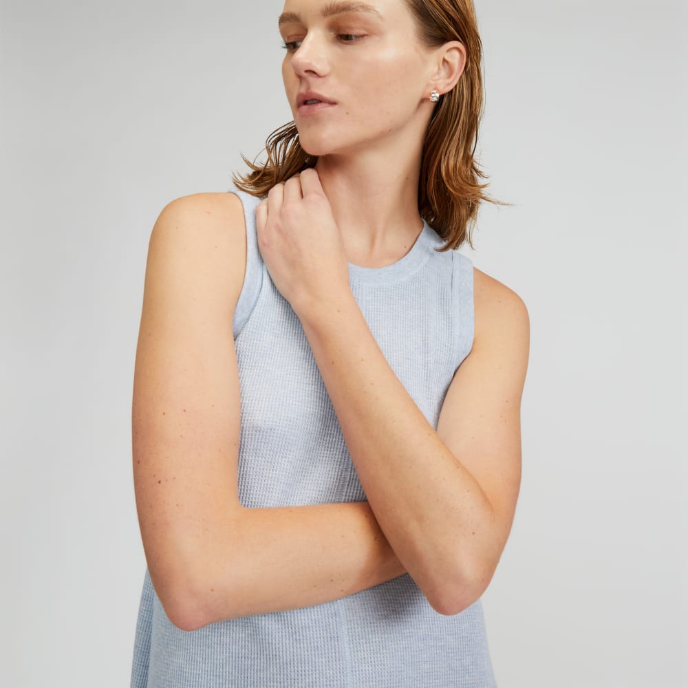 The Organic Cotton Waffle Tank Dress in Heathered Periwinkle — detail view