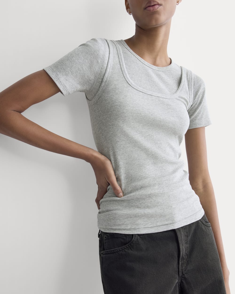 The Luxe Rib Square-Neck Tank in Classic Heather Grey — detail view