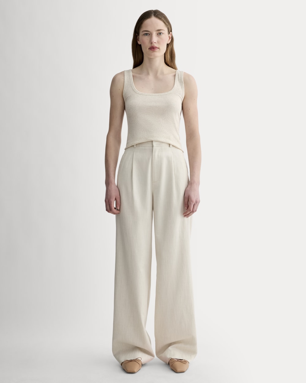 The Luxe Rib Square-Neck Tank in Heathered Oat — detail view
