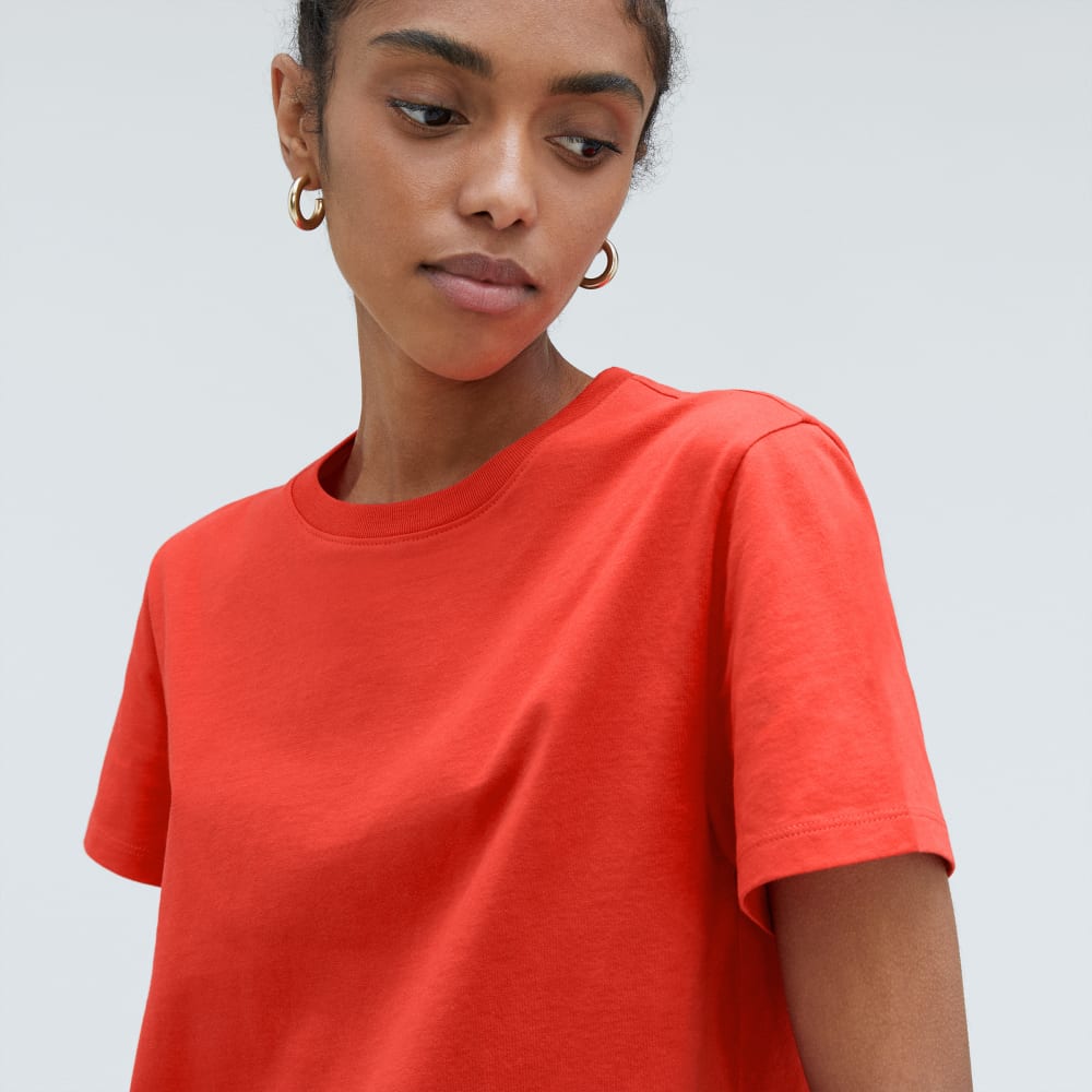 The Box-Cut Tee in Essential Cotton in Red Orange — detail view