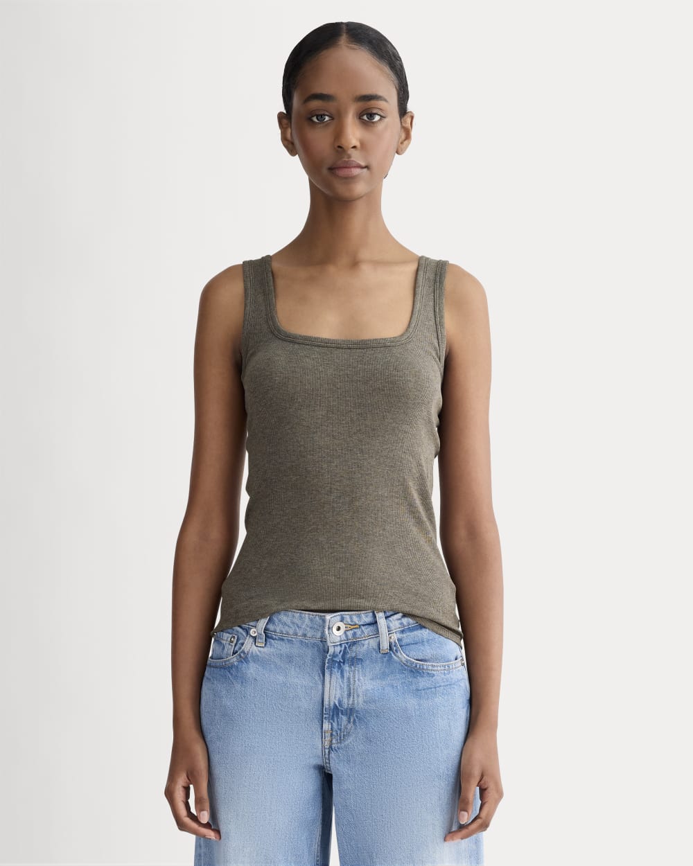 The Luxe Rib Square-Neck Tank in Heathered Fatigue — front view