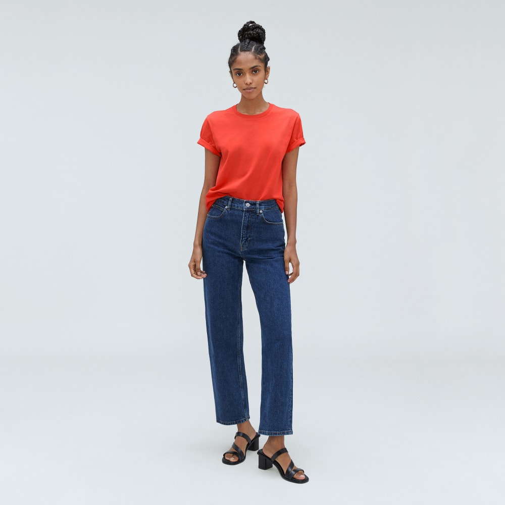 The Box-Cut Tee in Essential Cotton in Red Orange — detail view