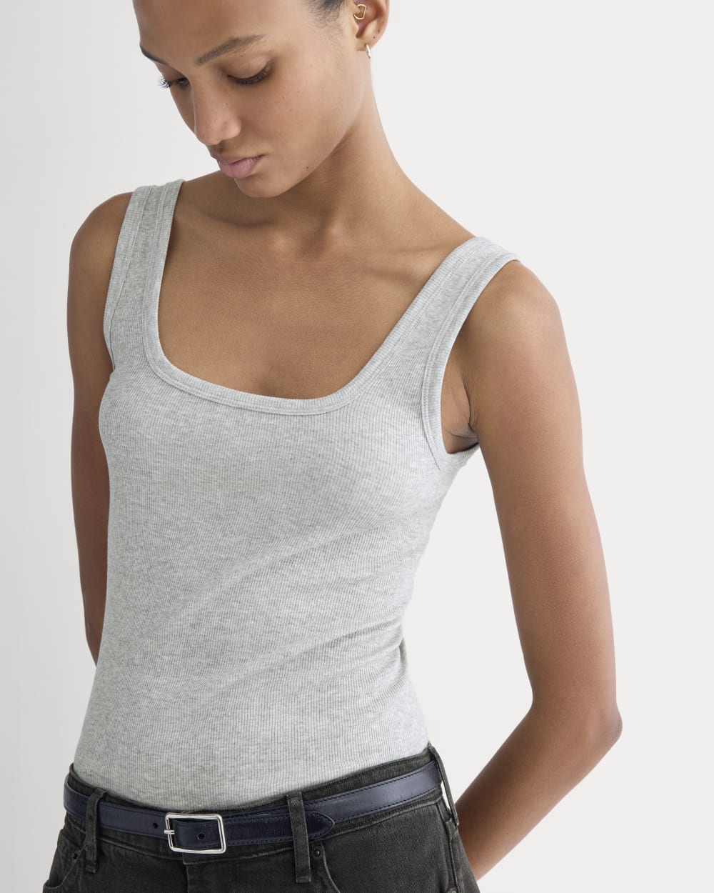 The Luxe Rib Square-Neck Tank in Classic Heather Grey — detail view