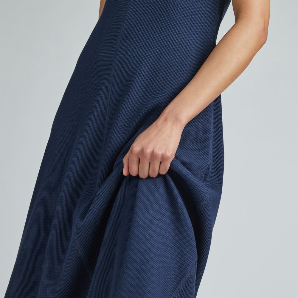 The  Organic Cotton Waffle Tank Dress in Navy — detail view